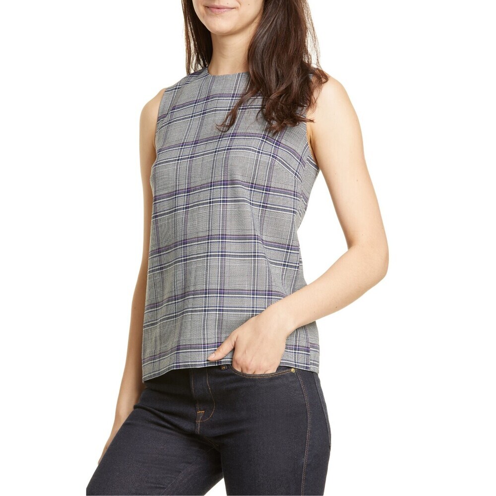Lewit Women's Sleeveless Shell Blouse In Grey/Ivory/Navy Plaid Size XS $300